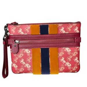 Like New Coach Red Horse Carriage Varsity Stripe Large Zip Wristlet Pouch